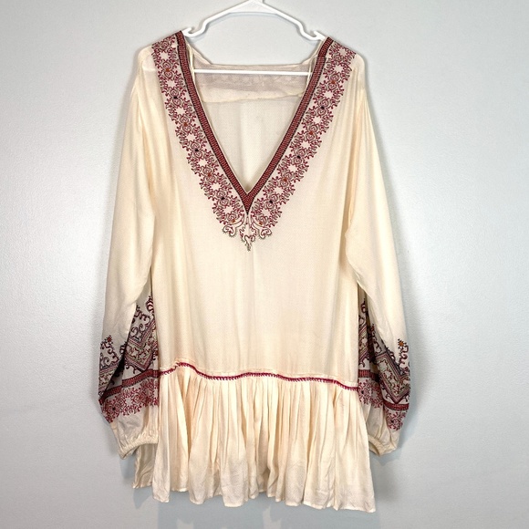 Peasant Tunic Dress Embroidered Balloon Sleeves L - Picture 1 of 10